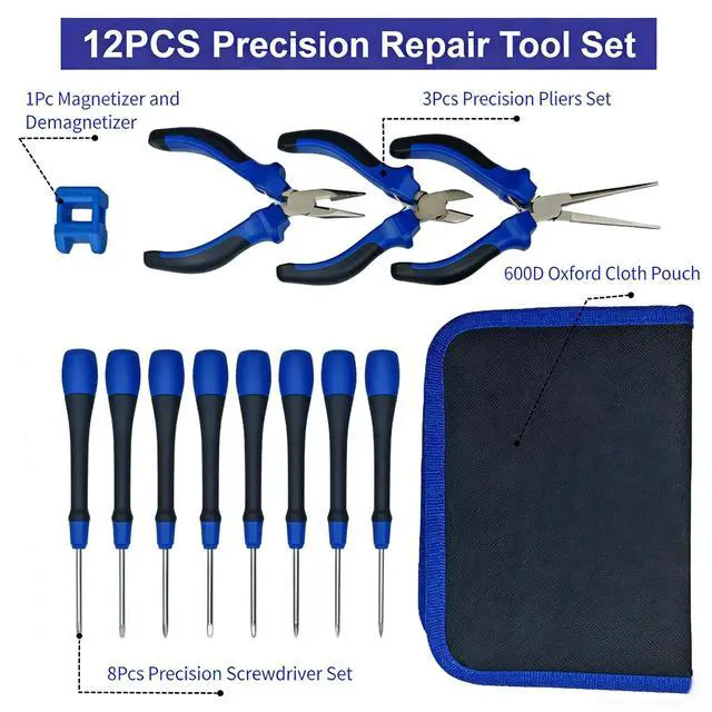 Alt view image 2 of 7 - Precision Repair Tool Set, 12-Piece Craftsman & Miniature Tool Kit with Small Screwdrivers, Mini Pliers, Demagnetizer, Small Tool Kit for Phone, Laptop, Jewelry Repair, Includes Compact Storage Pouch