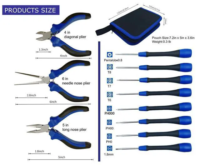 Alt view image 3 of 7 - Precision Repair Tool Set, 12-Piece Craftsman & Miniature Tool Kit with Small Screwdrivers, Mini Pliers, Demagnetizer, Small Tool Kit for Phone, Laptop, Jewelry Repair, Includes Compact Storage Pouch