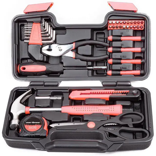 Main image of 39-Piece Household Tool Set, pink Hand Kit With Storage Case | Complete assortment for home repairs, DIY projects, furniture setup, crafting, and daily household fixes in toolbox.