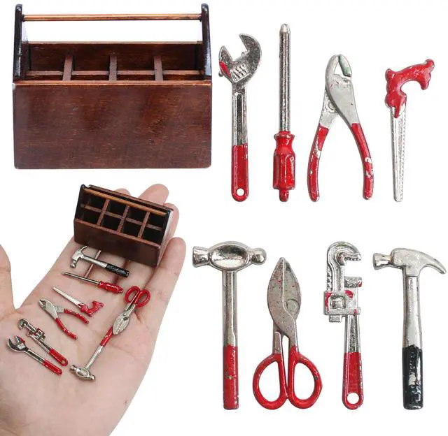 Main image of Tool Box Dollhouse 1/12 Scale Kit Set, 8Pcs Metal Working Tools with Mini Wood Toolbox, Doll Garage Accessories, Tiny Model for House Building, Garden Outdoor Repair, Rustic Farm Crafts