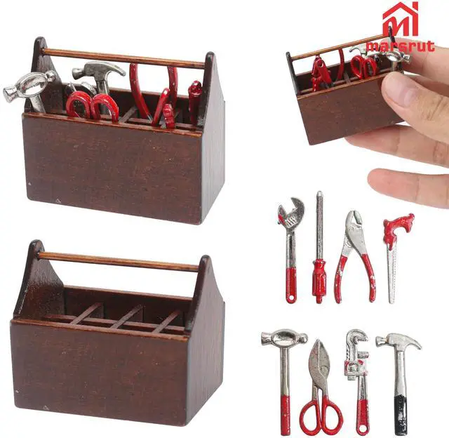 Alt view image 3 of 7 - Tool Box Dollhouse 1/12 Scale Kit Set, 8Pcs Metal Working Tools with Mini Wood Toolbox, Doll Garage Accessories, Tiny Model for House Building, Garden Outdoor Repair, Rustic Farm Crafts