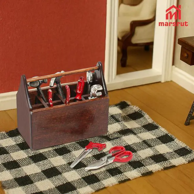 Alt view image 5 of 7 - Tool Box Dollhouse 1/12 Scale Kit Set, 8Pcs Metal Working Tools with Mini Wood Toolbox, Doll Garage Accessories, Tiny Model for House Building, Garden Outdoor Repair, Rustic Farm Crafts