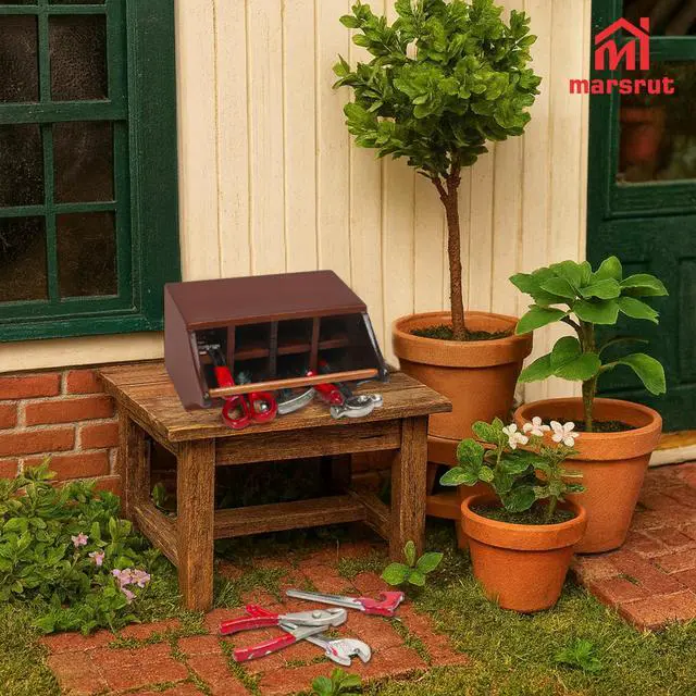 Alt view image 6 of 7 - Tool Box Dollhouse 1/12 Scale Kit Set, 8Pcs Metal Working Tools with Mini Wood Toolbox, Doll Garage Accessories, Tiny Model for House Building, Garden Outdoor Repair, Rustic Farm Crafts