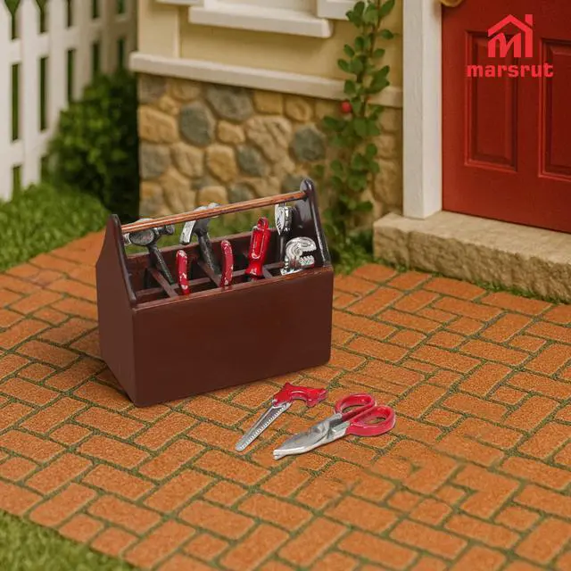 Alt view image 7 of 7 - Tool Box Dollhouse 1/12 Scale Kit Set, 8Pcs Metal Working Tools with Mini Wood Toolbox, Doll Garage Accessories, Tiny Model for House Building, Garden Outdoor Repair, Rustic Farm Crafts