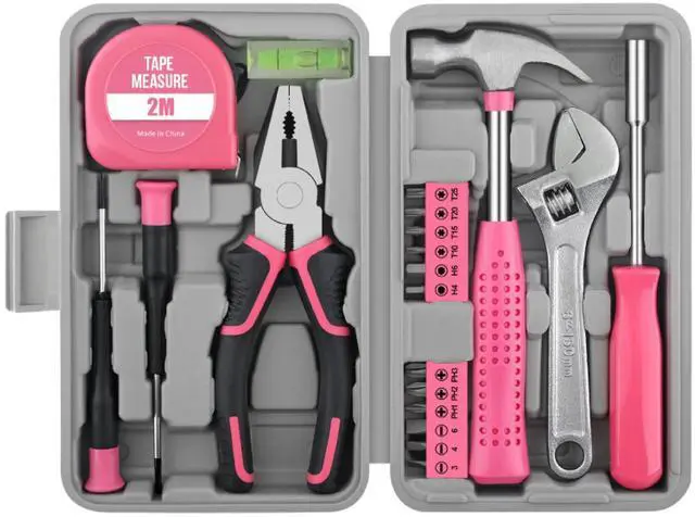 Main image of 20 Pcs Home Tool Set, Basics Household Tool Kit with Small Mini Carrying Box for Men and Women DIY (Pink)