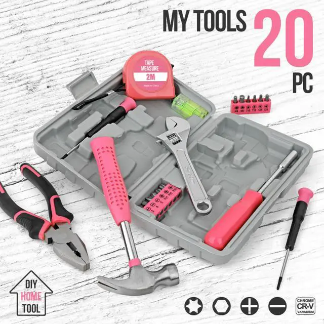 Alt view image 3 of 7 - 20 Pcs Home Tool Set, Basics Household Tool Kit with Small Mini Carrying Box for Men and Women DIY (Pink)