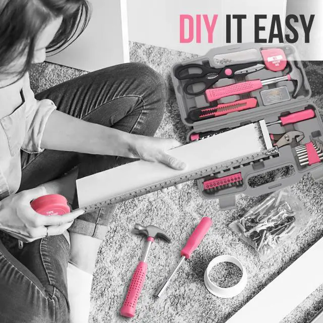 Alt view image 4 of 7 - 20 Pcs Home Tool Set, Basics Household Tool Kit with Small Mini Carrying Box for Men and Women DIY (Pink)