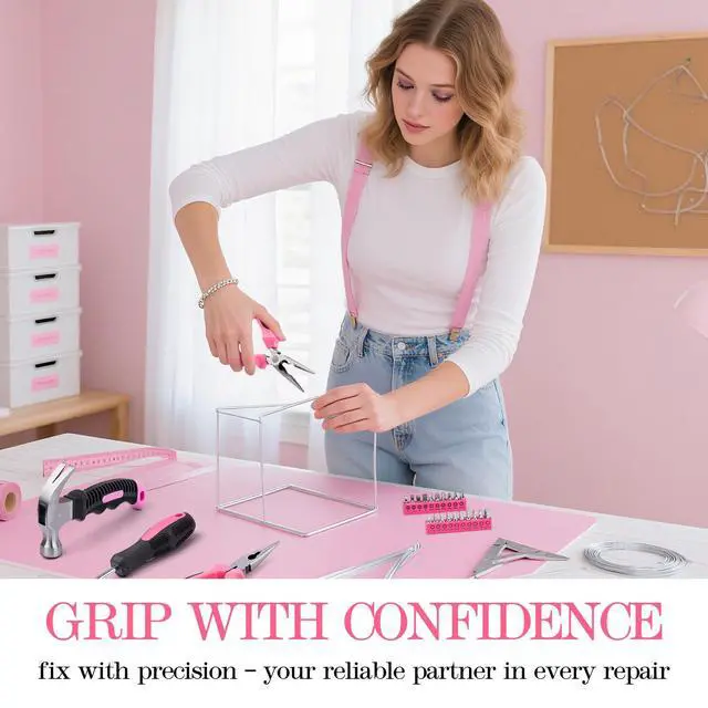 Alt view image 4 of 7 - Tool Set, Mini Tool Kit, 49-Piece Household Pink Small Basic Home, Tool Set with Plastic Toolbox Tool Kit for Dorm, Great for Women,College Students, Household Use & More