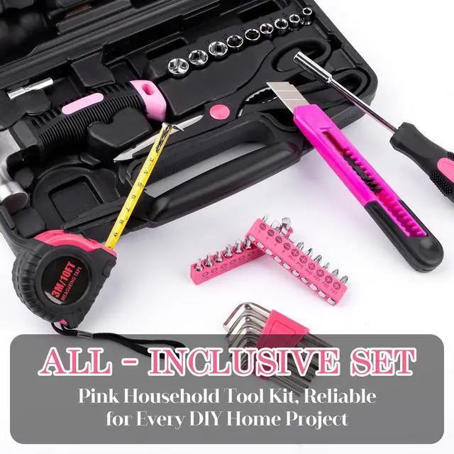 Alt view image 5 of 7 - Tool Set, Mini Tool Kit, 49-Piece Household Pink Small Basic Home, Tool Set with Plastic Toolbox Tool Kit for Dorm, Great for Women,College Students, Household Use & More