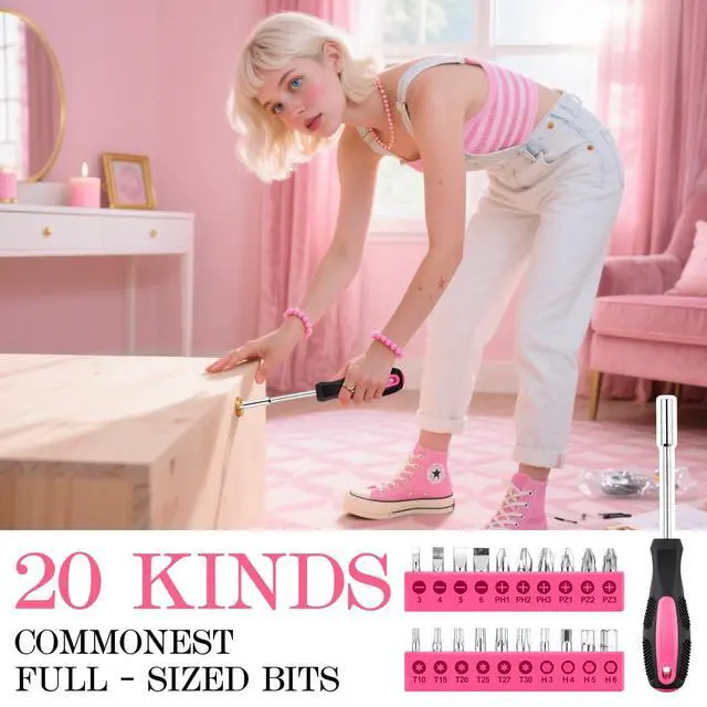 Alt view image 6 of 7 - Tool Set, Mini Tool Kit, 49-Piece Household Pink Small Basic Home, Tool Set with Plastic Toolbox Tool Kit for Dorm, Great for Women,College Students, Household Use & More