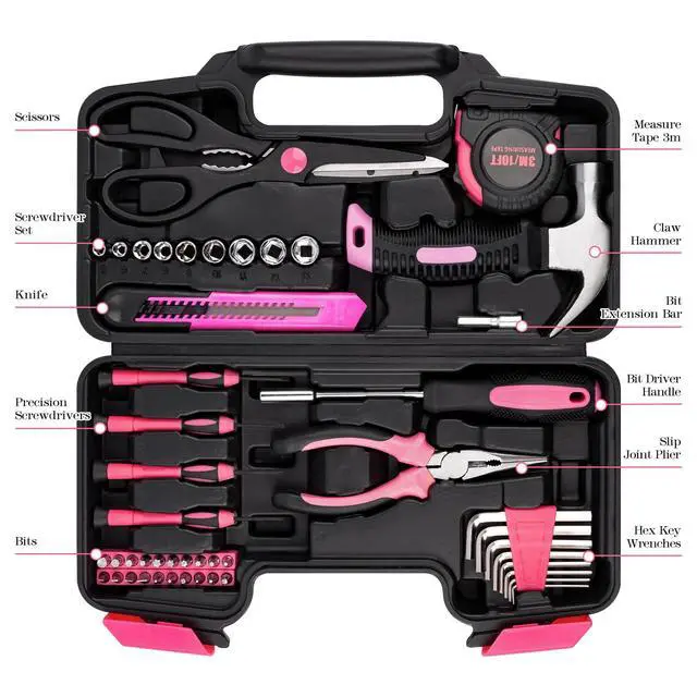 Alt view image 7 of 7 - Tool Set, Mini Tool Kit, 49-Piece Household Pink Small Basic Home, Tool Set with Plastic Toolbox Tool Kit for Dorm, Great for Women,College Students, Household Use & More