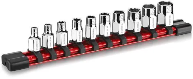 Main image of 1/4" Drive Socket Set, 10-Piece SAE Cr-V Socket Set with Organizer | Standard & Shallow Sockets, External Hex Socket, 5/32" to 9/16", 6-Point, Size Markings, PVC Socket Rail, for Auto Repairs