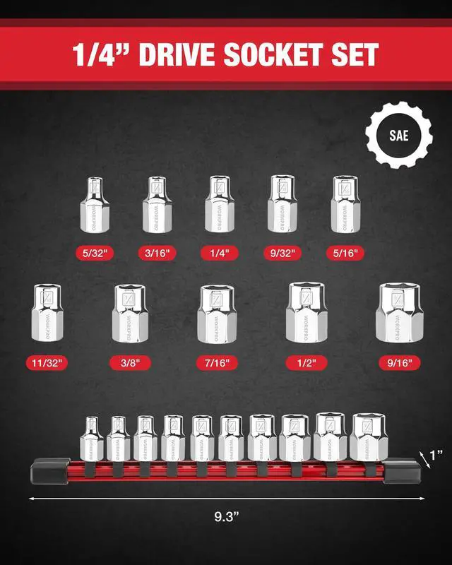 Alt view image 2 of 7 - 1/4" Drive Socket Set, 10-Piece SAE Cr-V Socket Set with Organizer | Standard & Shallow Sockets, External Hex Socket, 5/32" to 9/16", 6-Point, Size Markings, PVC Socket Rail, for Auto Repairs
