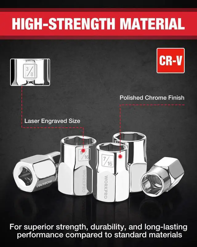 Alt view image 3 of 7 - 1/4" Drive Socket Set, 10-Piece SAE Cr-V Socket Set with Organizer | Standard & Shallow Sockets, External Hex Socket, 5/32" to 9/16", 6-Point, Size Markings, PVC Socket Rail, for Auto Repairs