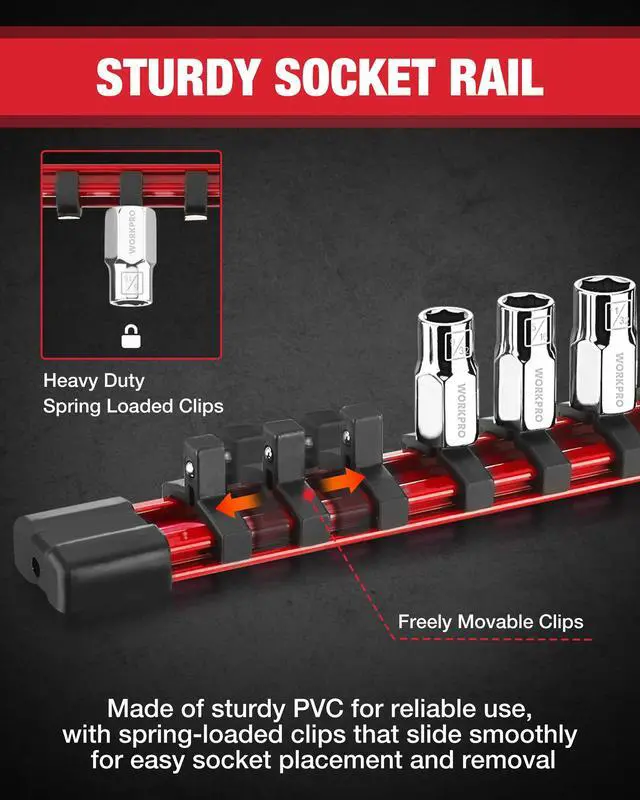 Alt view image 6 of 7 - 1/4" Drive Socket Set, 10-Piece SAE Cr-V Socket Set with Organizer | Standard & Shallow Sockets, External Hex Socket, 5/32" to 9/16", 6-Point, Size Markings, PVC Socket Rail, for Auto Repairs