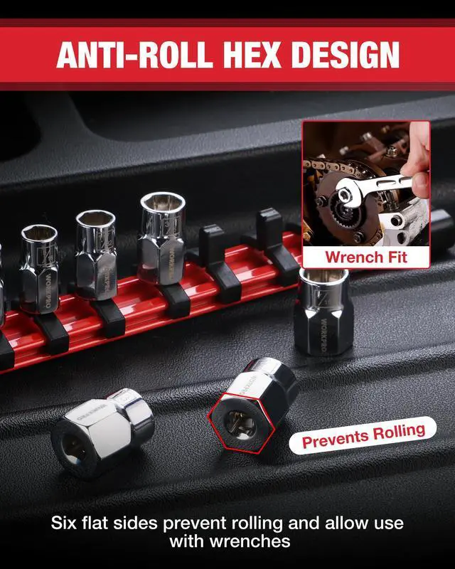 Alt view image 5 of 7 - 1/4" Drive Socket Set, 10-Piece SAE Cr-V Socket Set with Organizer | Standard & Shallow Sockets, External Hex Socket, 5/32" to 9/16", 6-Point, Size Markings, PVC Socket Rail, for Auto Repairs