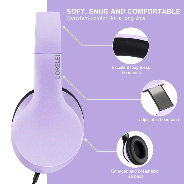 Alt view image 3 of 6 - X6 Over-Ear Headphones with Microphone, Purple-Black Lightweight Foldable & Portable Stereo Bass, Wired for Smartphone & Tablet, MP3 (1.45M No-Tangle)