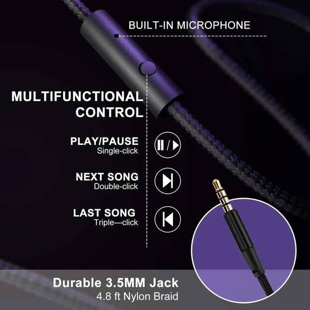 Alt view image 6 of 6 - X6 Over-Ear Headphones with Microphone, Purple-Black Lightweight Foldable & Portable Stereo Bass, Wired for Smartphone & Tablet, MP3 (1.45M No-Tangle)