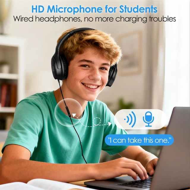 Alt view image 4 of 7 - USB C Wired Headphone Over Ear for School, Noise-isolating Headphones-Black Hi-Fi Stereo,Volume Control,Type C Headphones with Mic for School/Travel/iPhone/iPad/Laptop/Samsung/Pixel/Adults/Teens Gift