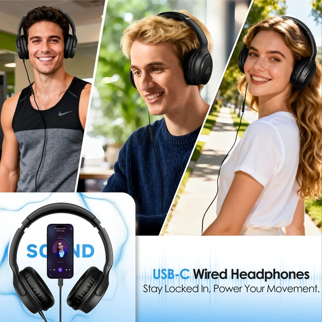 Alt view image 7 of 7 - USB C Wired Headphone Over Ear for School, Noise-isolating Headphones-Black Hi-Fi Stereo,Volume Control,Type C Headphones with Mic for School/Travel/iPhone/iPad/Laptop/Samsung/Pixel/Adults/Teens Gift