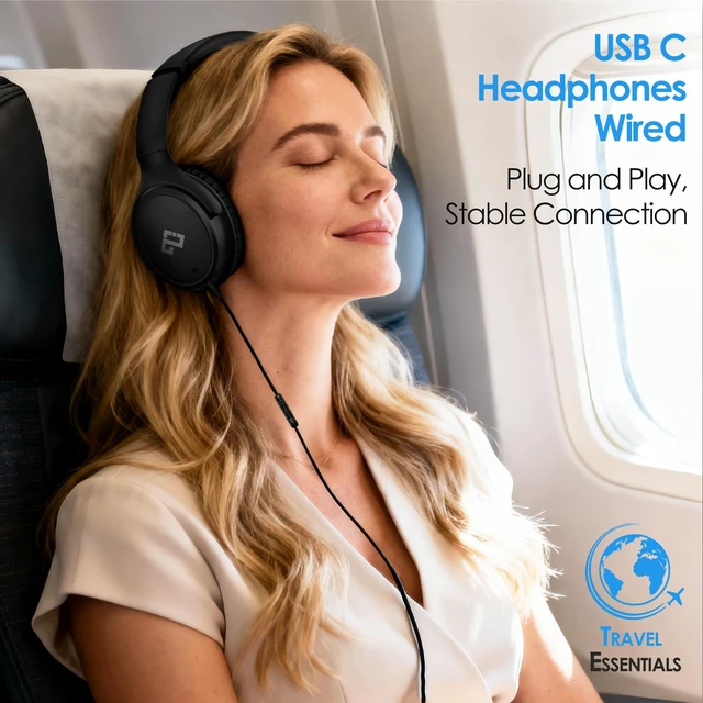 Alt view image 6 of 7 - USB C Wired Headphone Over Ear for School, Noise-isolating Headphones-Black Hi-Fi Stereo,Volume Control,Type C Headphones with Mic for School/Travel/iPhone/iPad/Laptop/Samsung/Pixel/Adults/Teens Gift