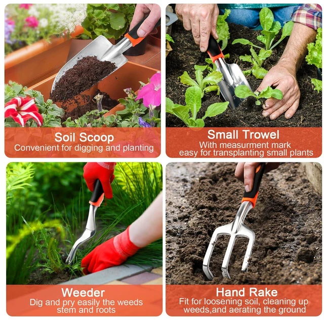Alt view image 5 of 7 - Garden Tools Set, 8 Piece Gardening Tools Set with Non Slip Ergonomic Handle, Heavy Duty Garden Tool Set with Storage Bag, Gardening Kit for Women, Garden Hand Tools Gift for Women and Men, Orange