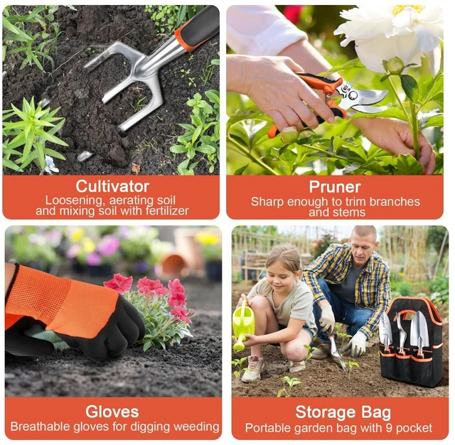 Alt view image 6 of 7 - Garden Tools Set, 8 Piece Gardening Tools Set with Non Slip Ergonomic Handle, Heavy Duty Garden Tool Set with Storage Bag, Gardening Kit for Women, Garden Hand Tools Gift for Women and Men, Orange