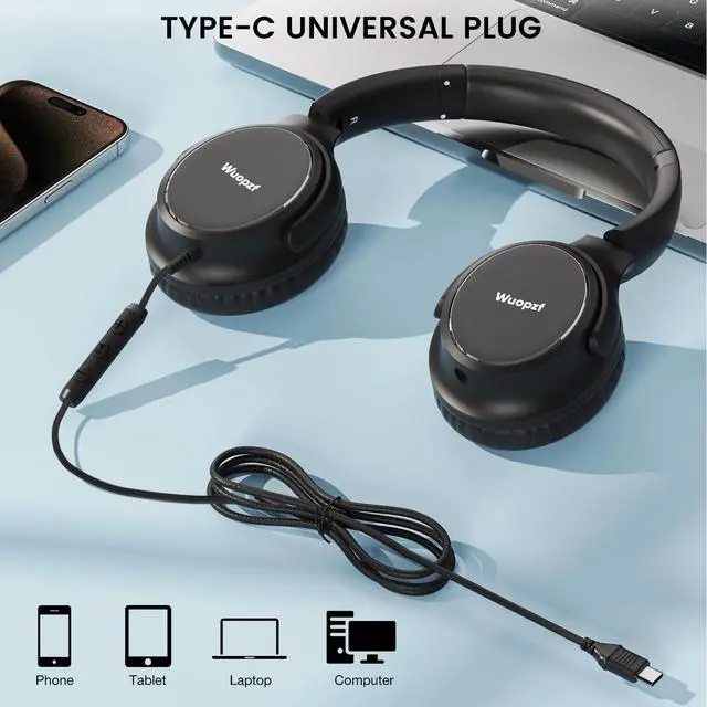 Alt view image 6 of 7 - USB C Wired Over-Ear Headphones with Microphone | Volume Control, Share Port, Adjustable Headband Foldable Stereo Headset for Adult/Teens for iPhone 16, Laptop, Gaming, Travel