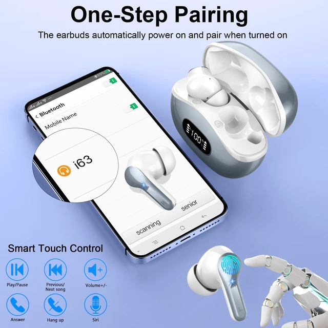 Alt view image 6 of 7 - Wireless Earbuds, 2026 Bluetooth 5.3 Headphones NEW Ear Buds 40H Bass Stereo in-Ear Earphones ENC Noise Cancelling Earbuds with 4 HD Mic, USB-C LED Display IP7 Waterproof Sport Headset for Android iOS