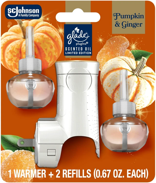Main image of PlugIns Refills Air Freshener Starter Kit, Pumpkin & Ginger, Scented and Essential Oils for Home and Bathroom, 0.67 Fl Oz, 1 Warmer + 2 Refills