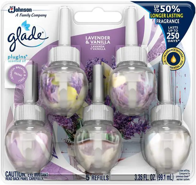 Main image of PlugIns Air Freshener Refills, Lavender & Vanilla, 5 Count | 0.67 fl oz Each, Includes 5 Refills, Scented and Essential Oils for Home and Bathroom Use, Fits Glade PlugIn Warmer