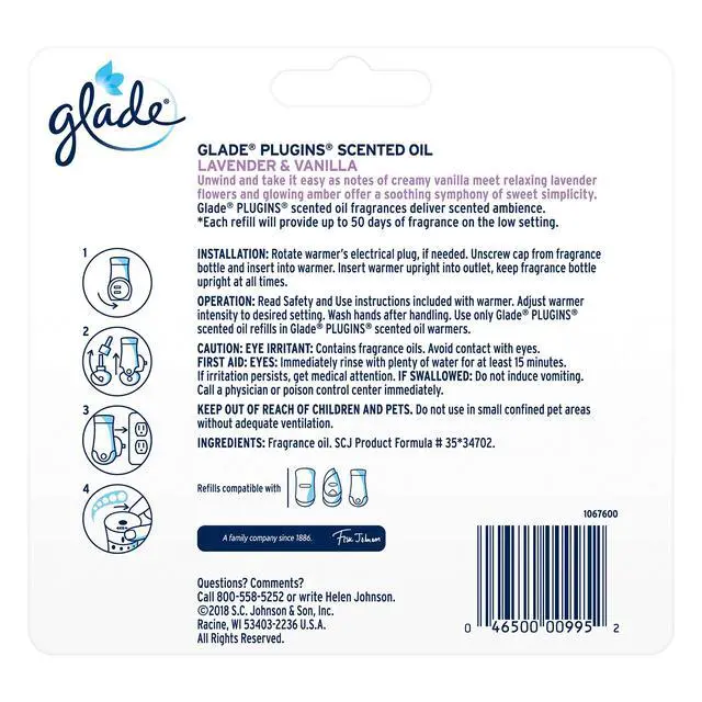 Alt view image 2 of 4 - PlugIns Air Freshener Refills, Lavender & Vanilla, 5 Count | 0.67 fl oz Each, Includes 5 Refills, Scented and Essential Oils for Home and Bathroom Use, Fits Glade PlugIn Warmer