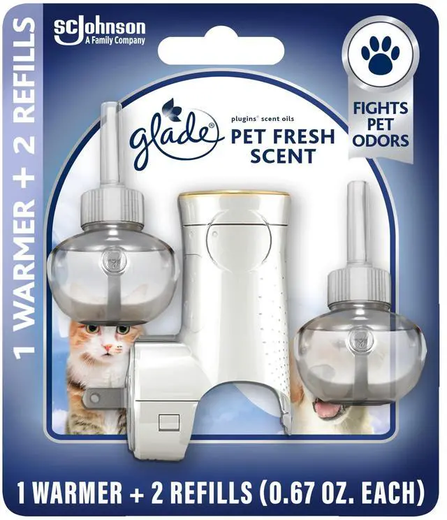 Main image of PlugIns Air Freshener Kit, Pet Fresh, 1 Warmer + 2 Refills | 0.67 fl oz Each, Includes 1 Warmer + 2 Refills, Scented and Essential Oils For Home and Bathroom, Fits Glade PlugIn Warmer