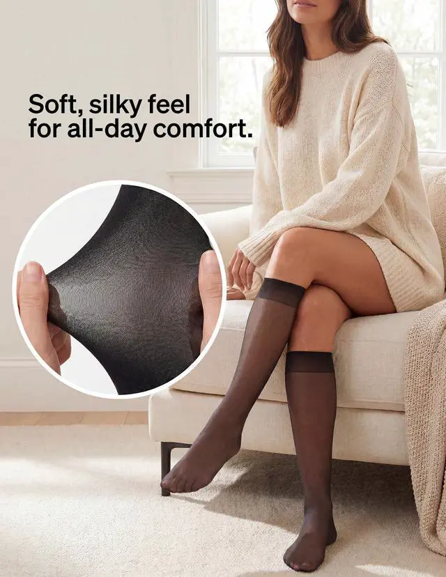Alt view image 7 of 7 - Sheer Stockings for Women, Knee Highs Women's Socks Value Pack | Stay-put comfort, nylon stockings for daily wear, comfort top, sheer toe, sheer knee high stockings for women