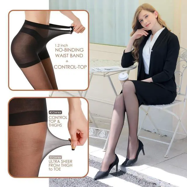 Alt view image 2 of 5 - 3 Pairs Women's Sheer Tights - 20D Control Top Pantyhose with Reinforced Toes(Black, XL) | Flexible Stretch, Various Body Shapes Fit, Smooth Texture, Matches Dresses & Skirts, Daily & Office Occasions