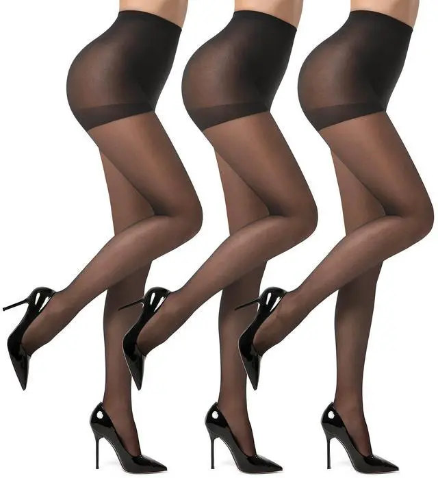 Main image of 3 Pairs Women's Sheer Pantyhose 20D, High Waist Control Top Pantyhose Hosiery (Black, M)