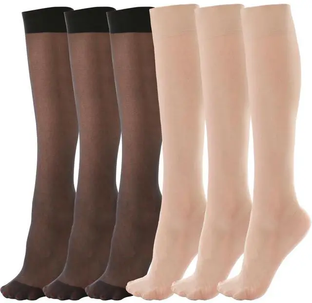 Main image of 6 Pack Knee High Stockings for Women 20 Denier Sheer Nylon Socks Mix | knee highs sheer socks, reinforced toes, elastic nylon. Stretchy free size, Comfy daily wear