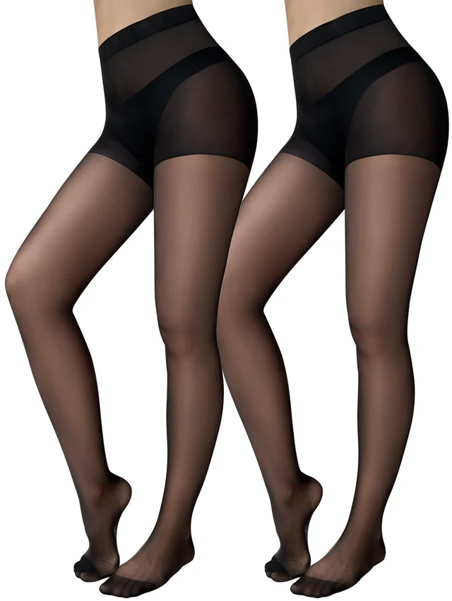 Main image of 2 Pairs Black Sheer Tights for Women, 20D Pantyhose Stockings, M | 20D Sheer Black Stockings, Control Top, Reinforced Toe, Matte Finish, Soft Stretch for Under Dress