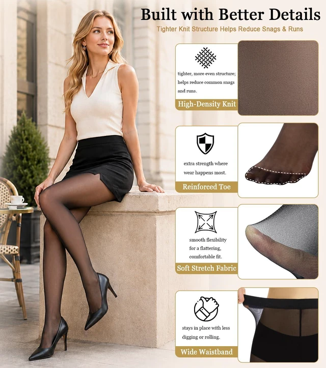 Alt view image 4 of 7 - 2 Pairs Black Sheer Tights for Women, 20D Pantyhose Stockings, M | 20D Sheer Black Stockings, Control Top, Reinforced Toe, Matte Finish, Soft Stretch for Under Dress