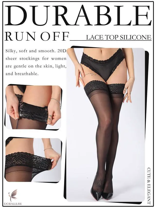 Alt view image 3 of 5 - Thigh High Stockings Silicone Lace Top Stay Up Silky Semi Sheer Pantyhose for Women Hold Up Nylon,Black