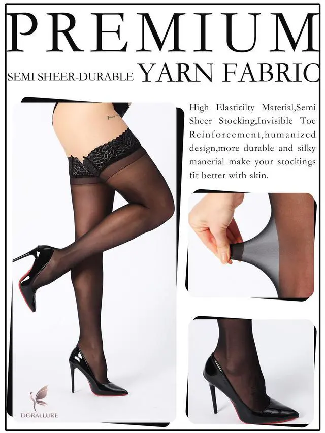 Alt view image 4 of 5 - Thigh High Stockings Silicone Lace Top Stay Up Silky Semi Sheer Pantyhose for Women Hold Up Nylon,Black