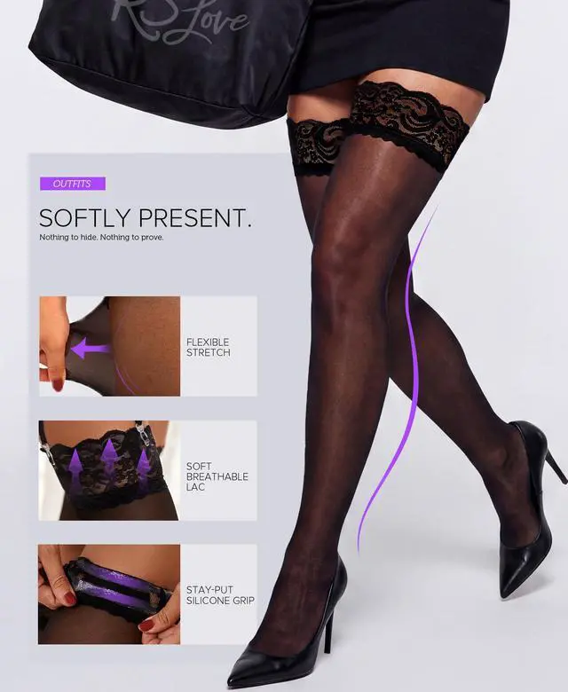 Alt view image 3 of 5 - Women's Lace Top Thigh High Sheer Stockings Antiskid Silicone Ultra Shimmery Pantyhose Black One Size