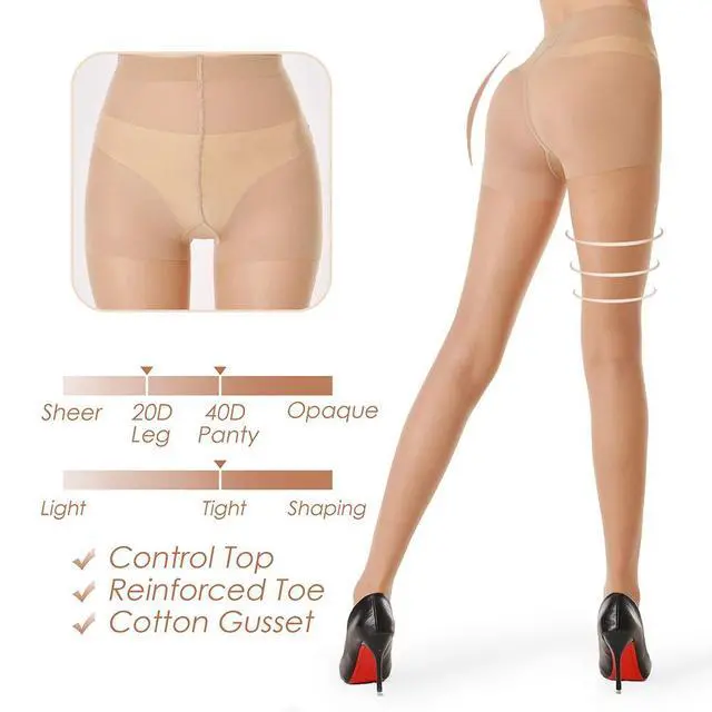 Alt view image 3 of 4 - 3 Pairs Women's Sheer Tights - 20D Control Top Pantyhose with Reinforced Toes(Nude, L) | Flexible Stretch, Various Body Shapes Fit, Smooth Texture, Matches Dresses & Skirts, Daily & Office Occasions