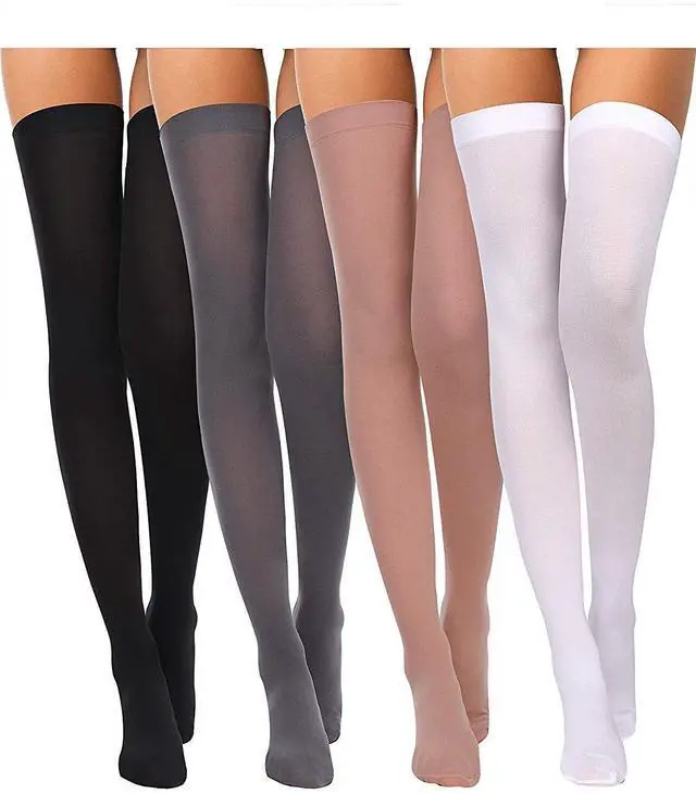 Main image of 4 Pcs Thigh High Stockings, Classic, Black, White, Skin, Grey, F Size | Sheer Nylon over Knee Stockings, Opaque Tights for Halloween Cosplay Party, Stretchy Hosiery, Non-slip Elastic Top Band