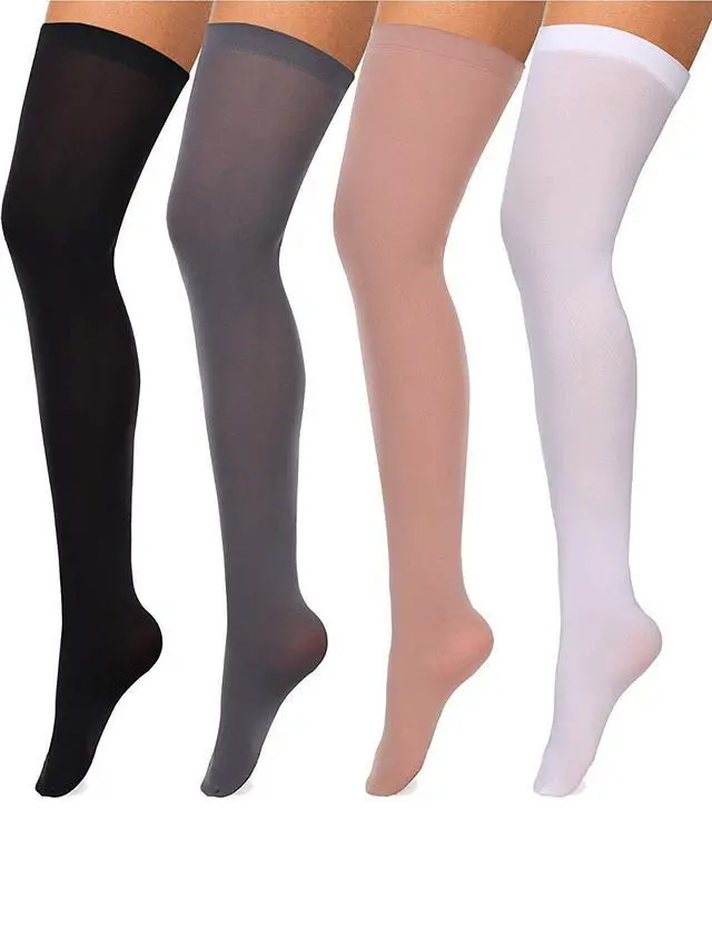 Alt view image 4 of 4 - 4 Pcs Thigh High Stockings, Classic, Black, White, Skin, Grey, F Size | Sheer Nylon over Knee Stockings, Opaque Tights for Halloween Cosplay Party, Stretchy Hosiery, Non-slip Elastic Top Band