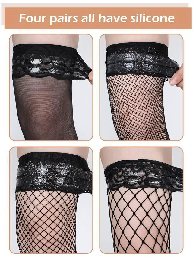 Alt view image 5 of 6 - 4 Pairs Fishnet Thigh High Stockings M Black | Over Knee Fishnet Thigh High Stockings , Silicone Lace Top Non Slip, Breathable Sheer Mesh Hosiery, Women Fashion Legwear