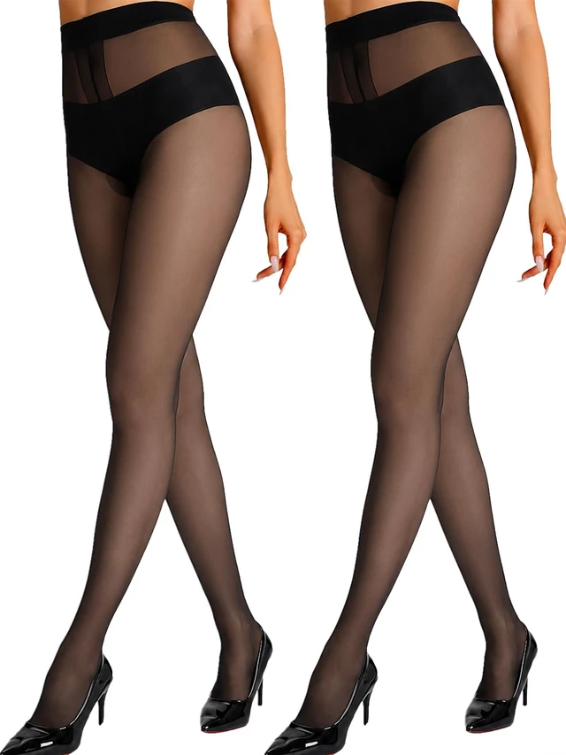 Main image of Sheer Tights for Women 2 Pairs Ultra Thin Reinforced T Crotch Control Top Pantyhose Stockings Black S
