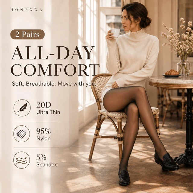 Alt view image 4 of 6 - Sheer Tights for Women 2 Pairs Ultra Thin Reinforced T Crotch Control Top Pantyhose Stockings Black S