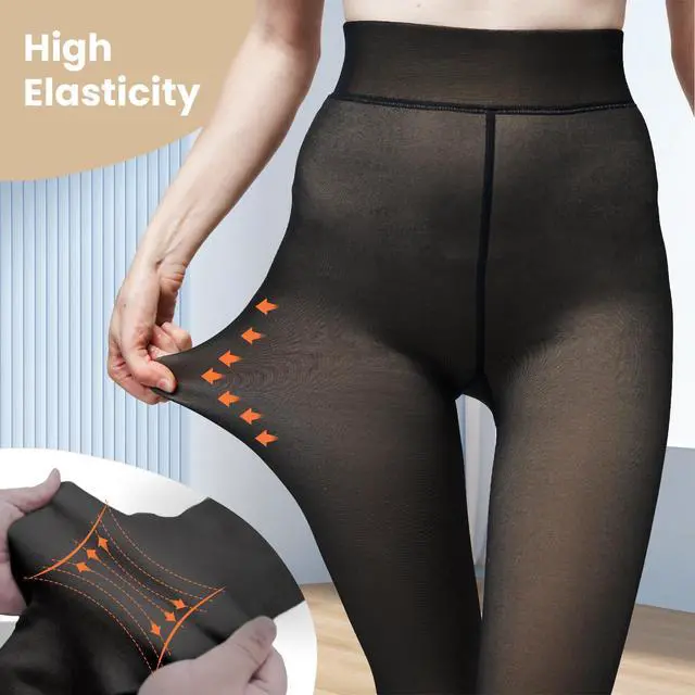 Alt view image 3 of 6 - Women Fleece Lined Tights Fake Translucent Sheer Thermal Tights | Winter High Waist Warm Pantyhose Leggings Sheer Thick Elastic Tights for Women