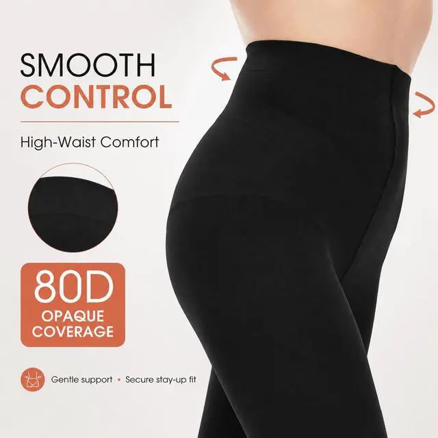 Alt view image 2 of 7 - 80D Opaque Black Tights for Women, High Waist Tummy Control | Soft Microfiber ComfortControl TopReinforced ToesGreyRedCoffeePinkGreenNudeWhiteSuitable for All Body Types